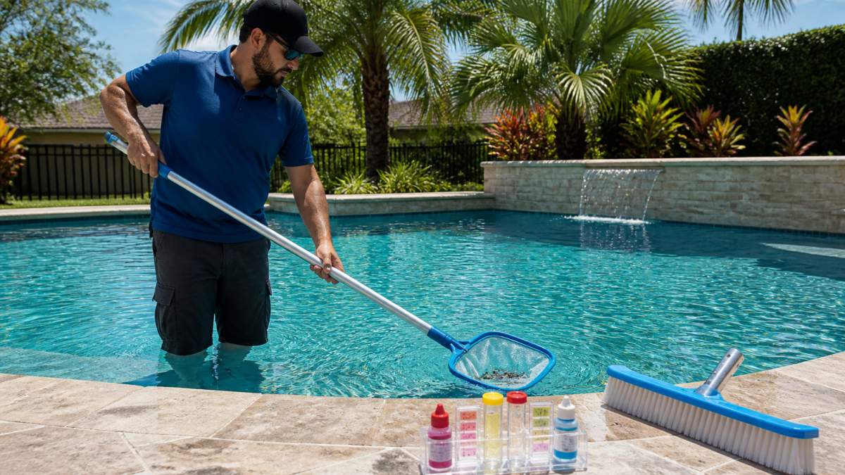 A pool technician in a branded polo shirt skimming debris from a backyard swimming pool on a sunny morning, with a test kit and brush resting on the pool deck nearby