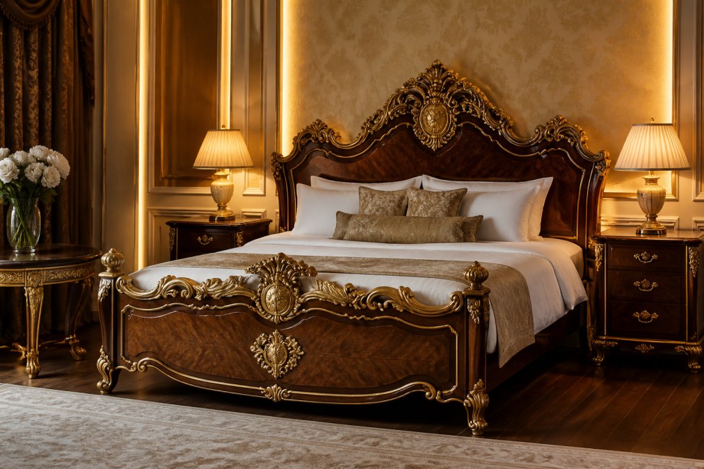 Elegantes Hotelzimmer mit einem prunkvollen Barockbett aus Massivholz mit goldverzierten Schnitzereien, flankiert von passenden Nachttischen und dezenter indirekter Beleuchtung, die eine warme Atmosphäre schafft