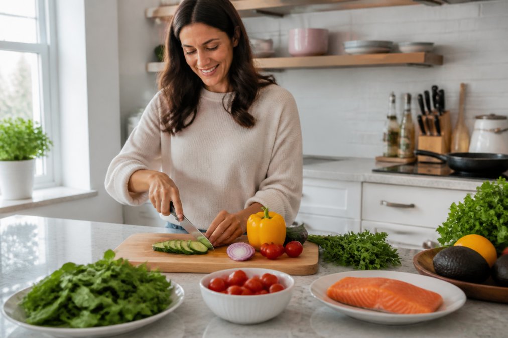 A woman in a bright kitchen preparing a colorful anti-inflammatory meal with fresh vegetables, salmon, and leafy greens on a wooden cutting board