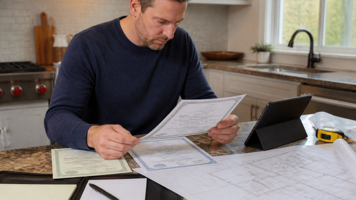 Homeowner reviewing contractor's license documents and insurance certificates at a kitchen counter with blueprints and a tablet showing license verification