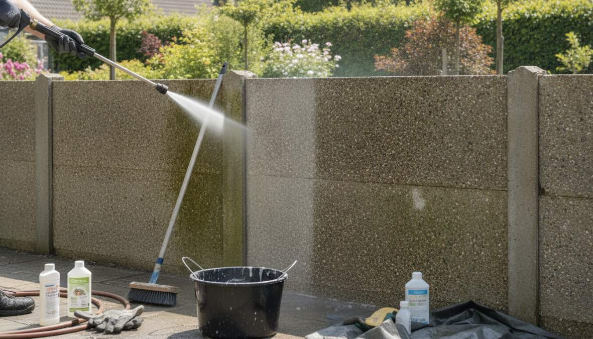 Close-up van iemand die groene aanslag van een betonnen schutting verwijdert met een borstel en reinigingsmiddel in een tuin