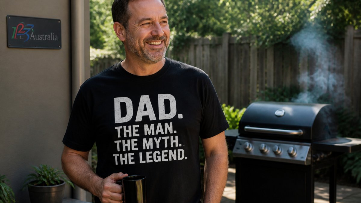 Smiling middle-aged dad in a funny slogan t-shirt holding a coffee mug by a backyard barbecue