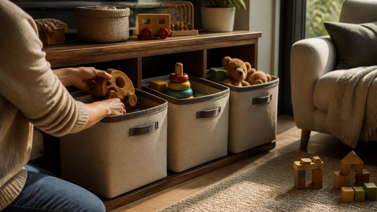 A calm living room corner with three labeled fabric storage bins on a low shelf, a parent's hands placing a wooden toy into one bin, soft natural light through a window, toys neatly arranged nearby