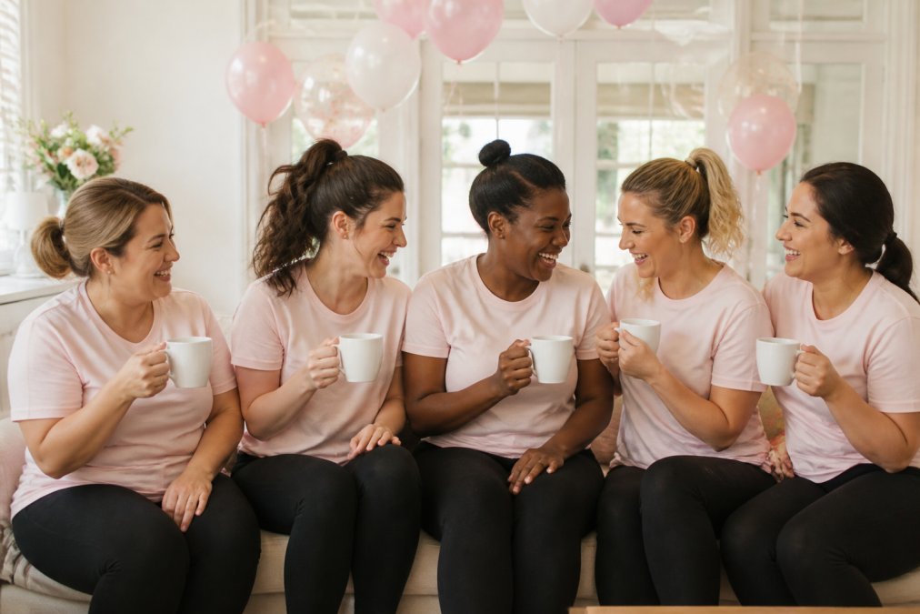 A group of women in matching custom shirts and the maid of honor laughing together while holding coffee mugs.