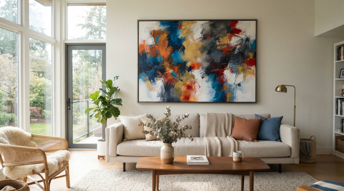 Modern living room with a large abstract framed artwork featuring bold colors and dynamic composition centered above a neutral sofa, with natural light streaming through windows