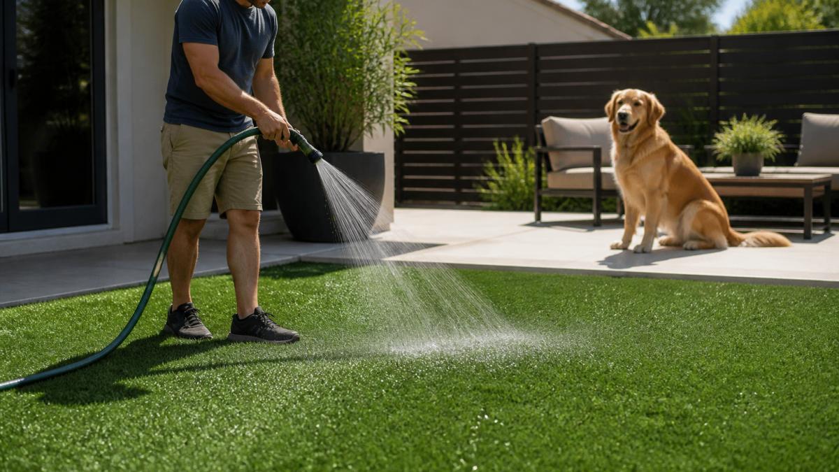 Homeowner rinsing backyard artificial grass with a garden hose as a golden retriever watches from a patio