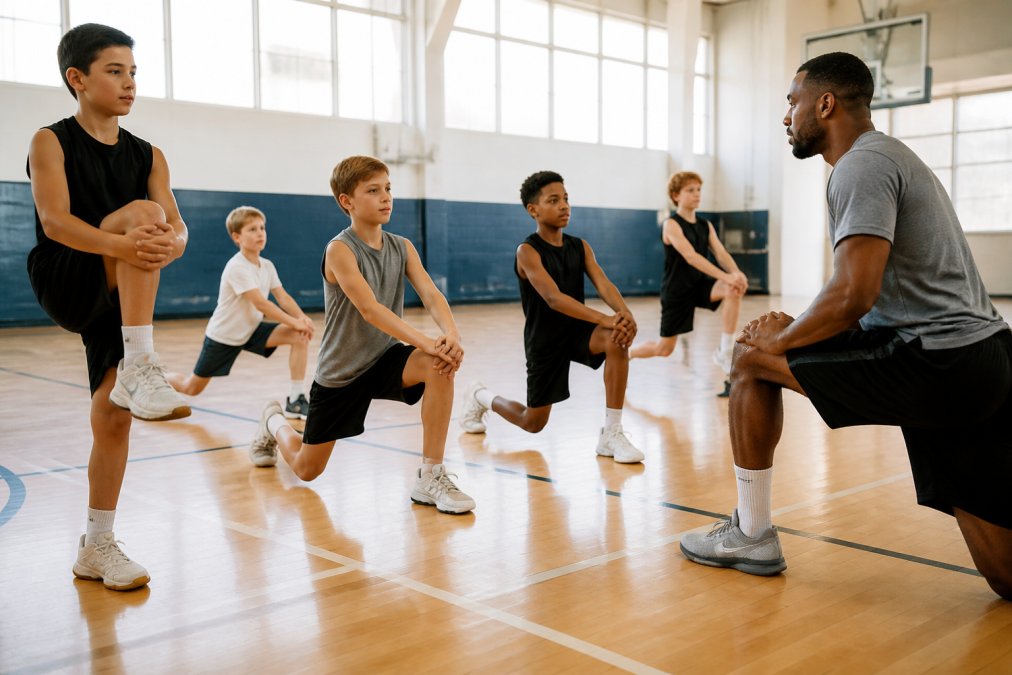 Young basketball players performing dynamic stretching exercises in a gymnasium, including leg swings and lunges, with a coach demonstrating proper form in bright natural lighting