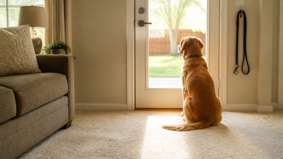 A dog waiting by a back door with a leash hanging nearby, sunlight coming through the glass, clean living room carpet in the foreground