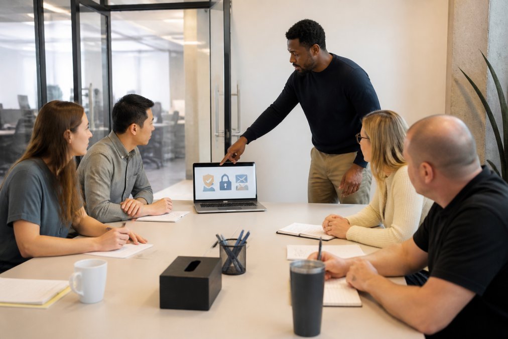 Diverse team of office employees gathered around a conference table during a security training session, with a presenter pointing to a laptop screen showing security awareness content