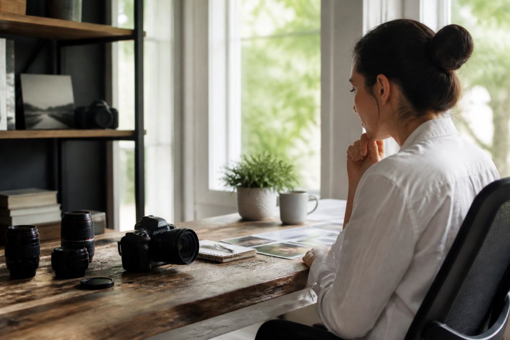 Marketing professional reviewing carousel post layouts on a desktop monitor with event photos displayed in a grid format, natural office lighting streaming through windows