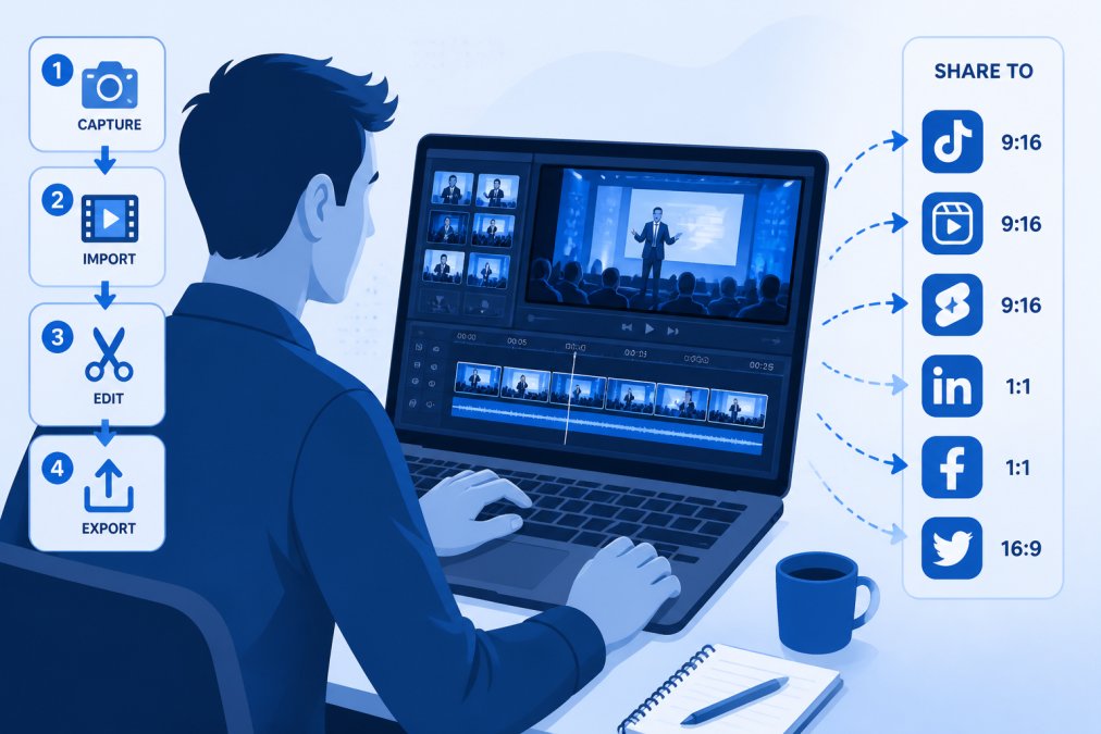 Content creator editing video clips on a laptop with event footage playing in the editing timeline and social media platform icons visible on the desktop