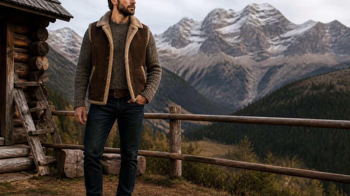 Man wearing a brown shearling fur vest over a gray sweater with dark jeans and boots, standing in a rustic outdoor setting with mountains in the background