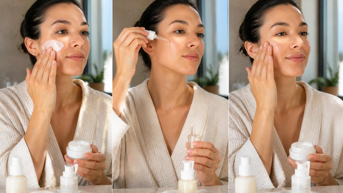 Close-up of hands applying skincare products in sequence to face, demonstrating moisturizer application followed by retinol serum and final moisturizer layer, showing the sandwich technique with natural lighting