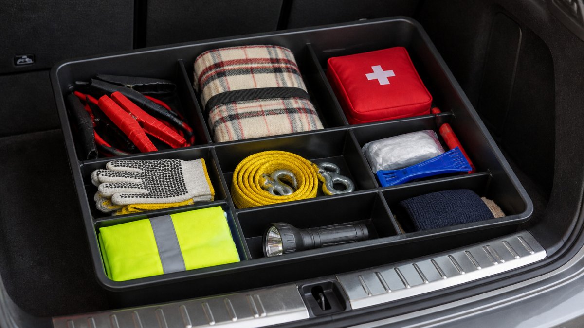 Organized winter emergency kit in an open trunk bin for winter car care products