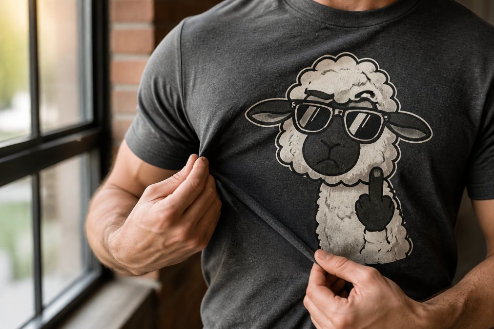 Close-up of someone wearing a well-fitted graphic t-shirt, fingers pinching the fabric to show its weight and texture, the print crisp and intact under soft natural window light