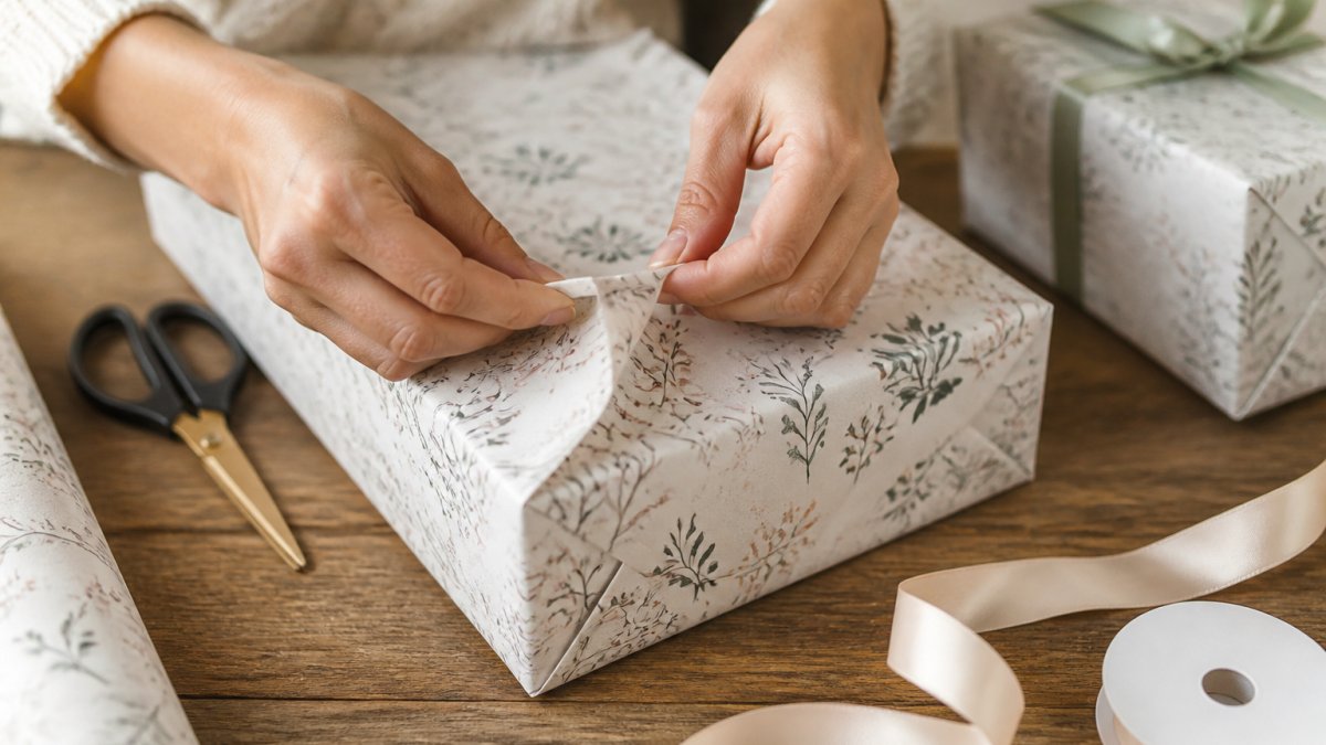 Close-up of hands folding crisp corners on a gift box wrapped in fine art paper, with scissors, ribbon, and a finished present on a clean wooden table
