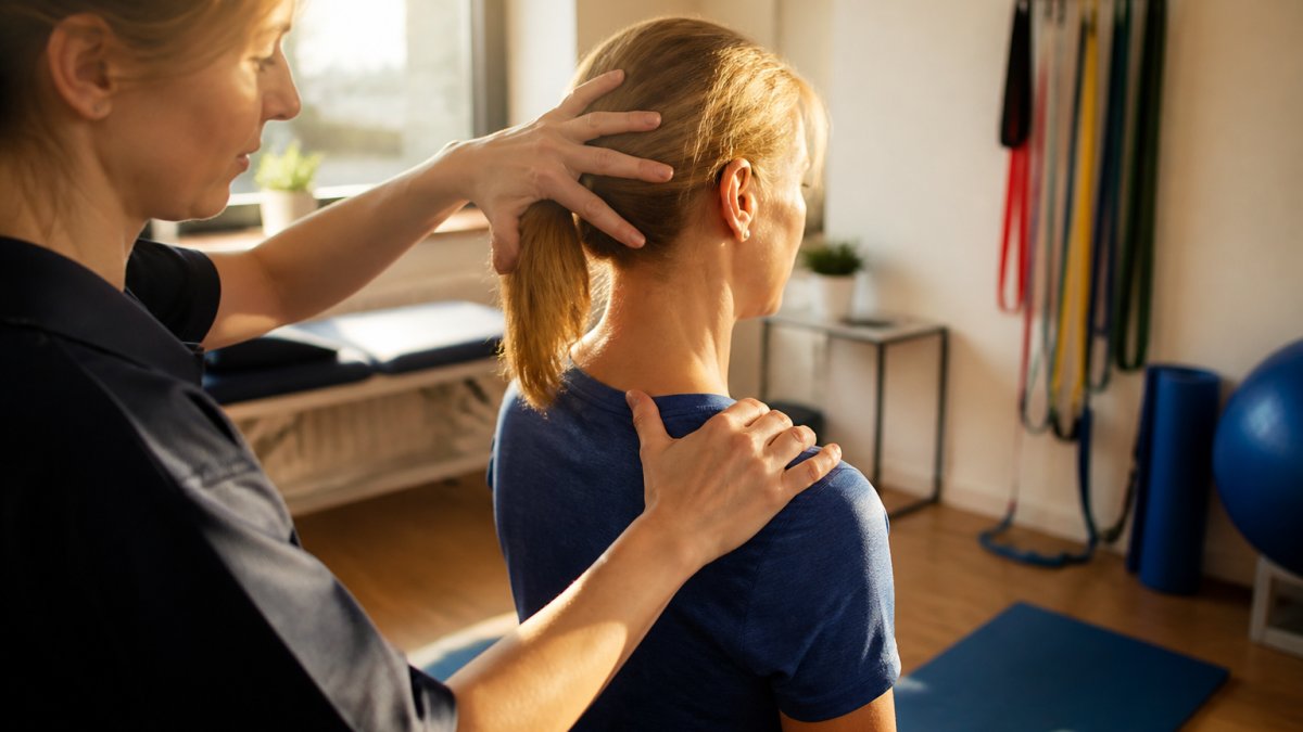 Physiotherapist guiding a patient through neck stretches to relieve chronic whiplash pain in a clinic