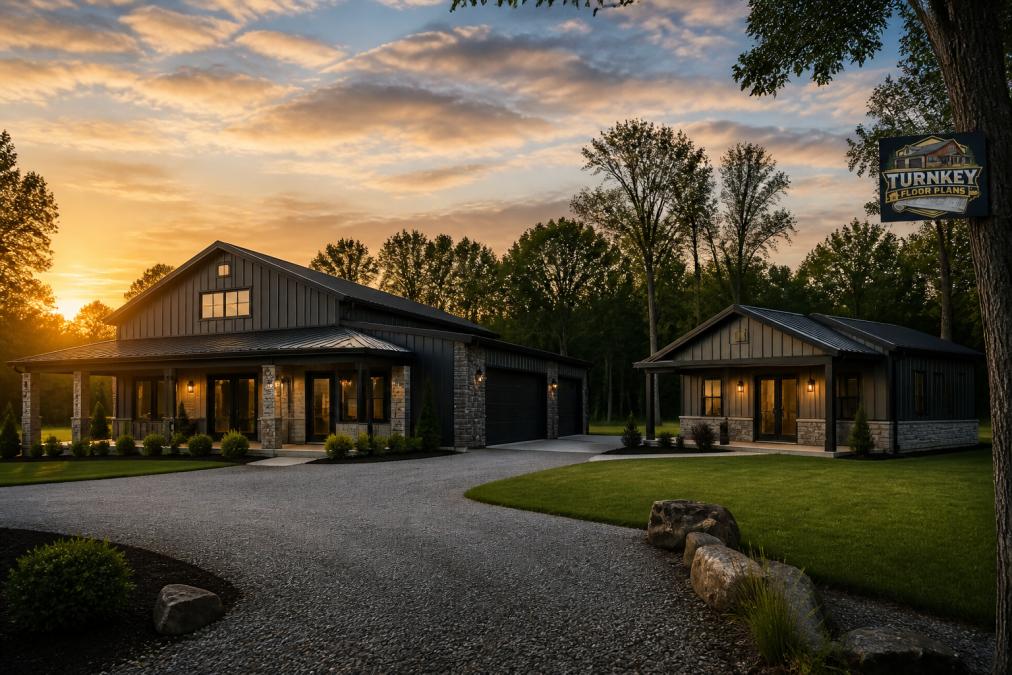 Wide-angle exterior view of a modern metal-frame barndominium showing both main structure and a separate detached guest cottage with matching architectural style, photographed during golden hour