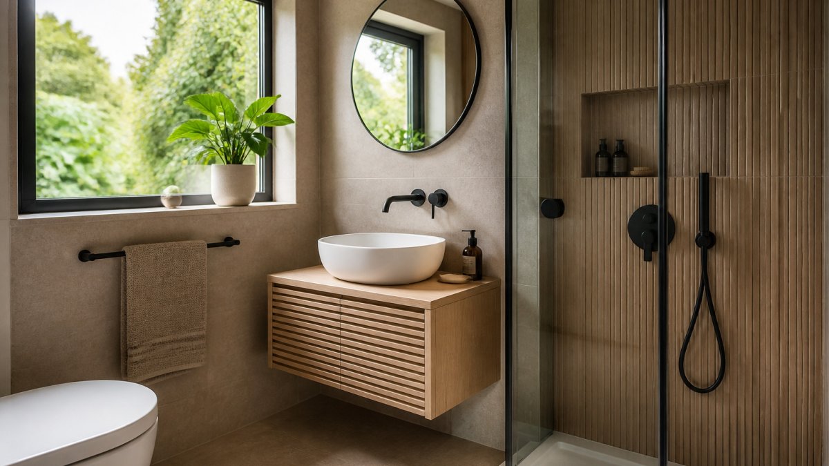 Compact modern bathroom featuring a wall-hung basin and natural tones with bright light from a large window.