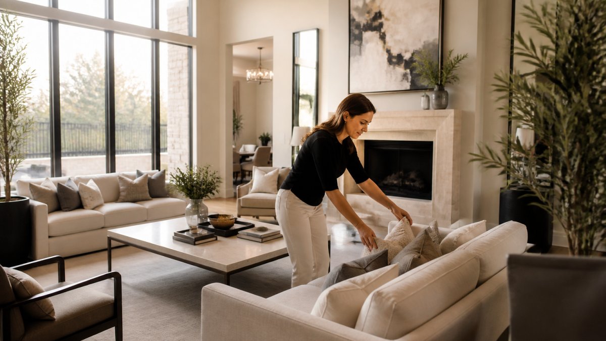Professional stager arranging modern furniture in a bright, upscale Texas living room for selling a luxury home