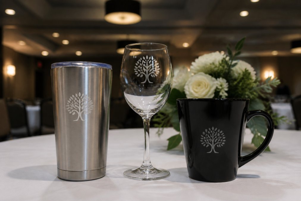 A professional hotel event table set with assorted branded drinkware including a stainless steel tumbler, a shatterproof wine glass, and a ceramic mug, each showing a subtle etched logo, under soft ballroom lighting