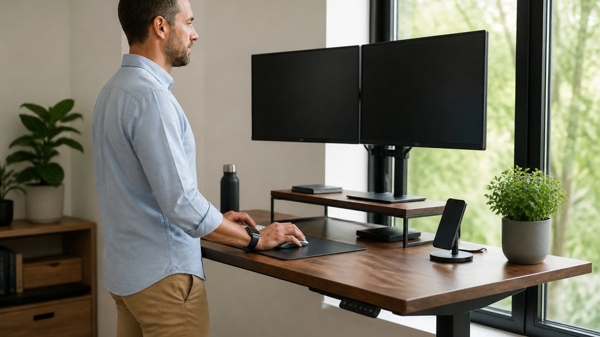 Professional working at ergonomic standing desk with dual-screen monitor stand at eye level, smartwatch visible on wrist, smartphone in rotating stand, natural window lighting illuminating organized workspace