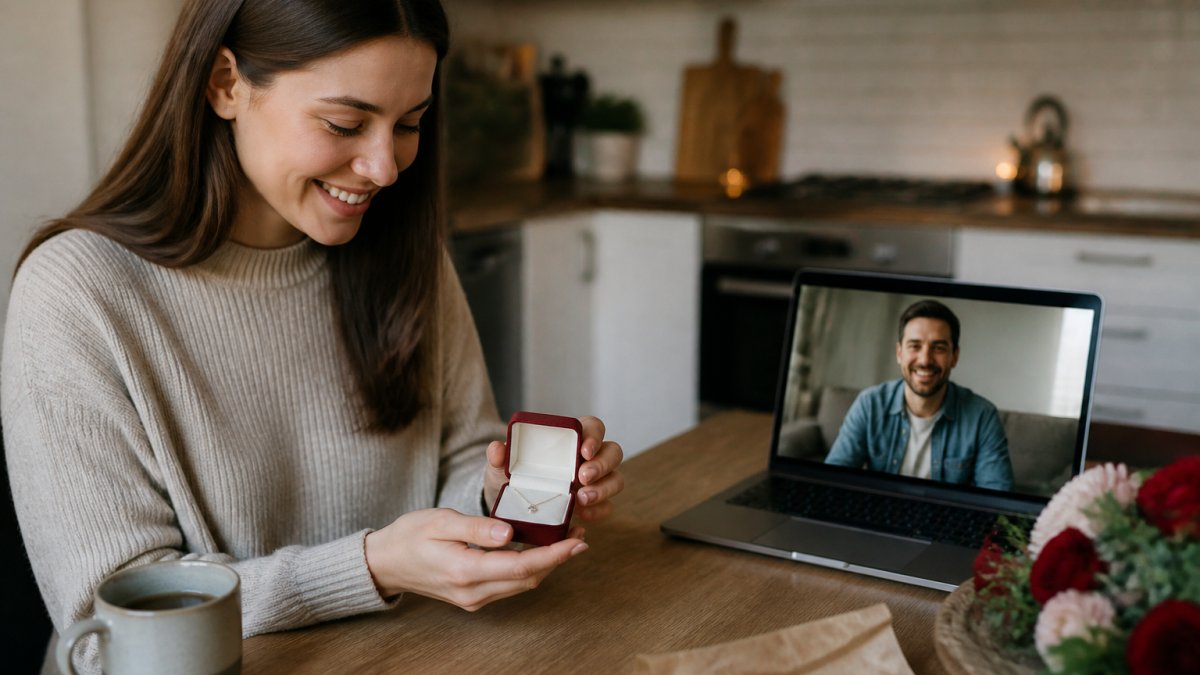 A woman opening a jewelry gift during a video call with her partner
