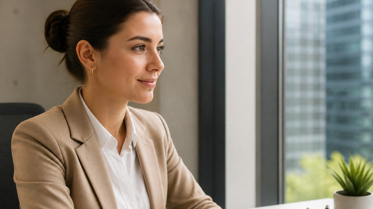 Professional woman wearing a subtle 14K gold hoop earring and a 14K gold labret stud, dressed in business attire at a modern office desk with natural window lighting