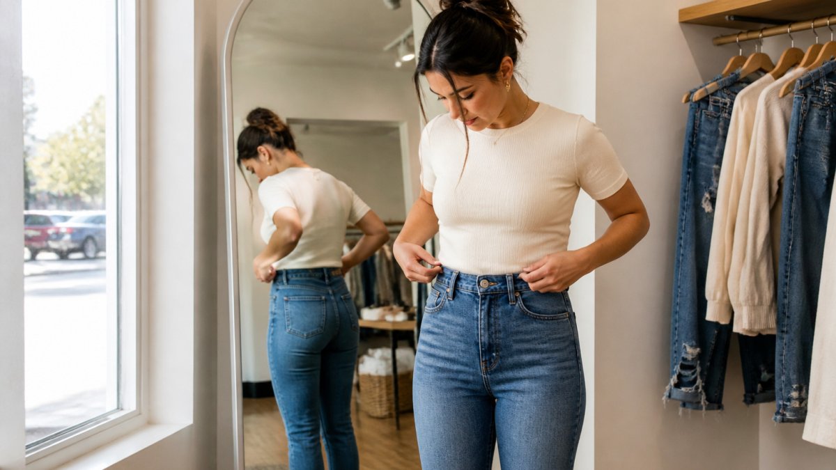 Petite woman in a cream top adjusting the waistband of high-rise denim jeans in a bright dressing room