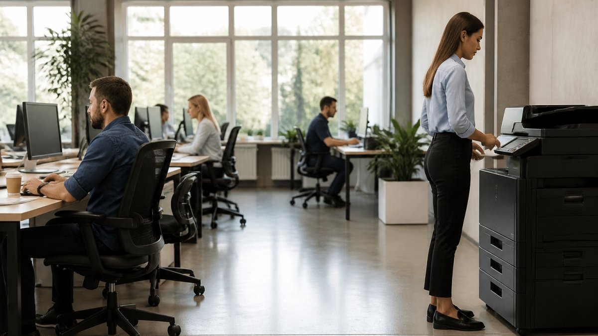 Professional office environment with multiple employees working at desks, a multifunction printer visible in the corner with staff member using it, natural daylight from windows, modern workplace setting