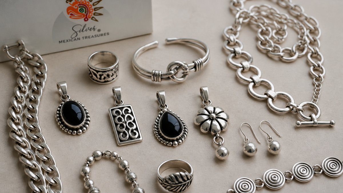 Close-up of handcrafted sterling silver jewelry pieces arranged on a neutral surface, showing polished finishes, carved details, and varied designs including chains, pendants, rings, and bracelets with artisan texture visible