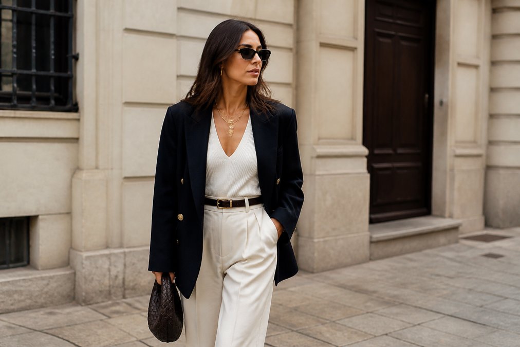 Woman wearing bold, Italian-inspired streetstyle outfit featuring a statement blazer and tailored pieces, standing confidently in natural daylight with neutral urban background