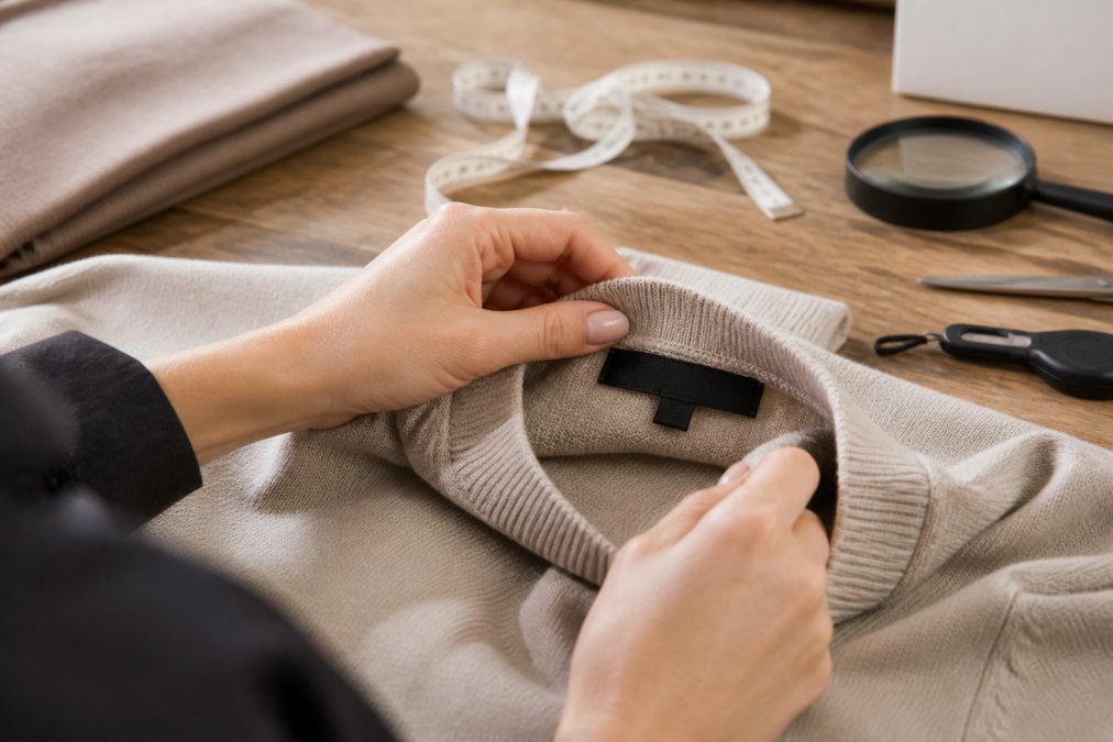 Close-up of hands carefully examining designer clothing details including stitching quality, interior label authenticity, and fabric texture under bright natural lighting