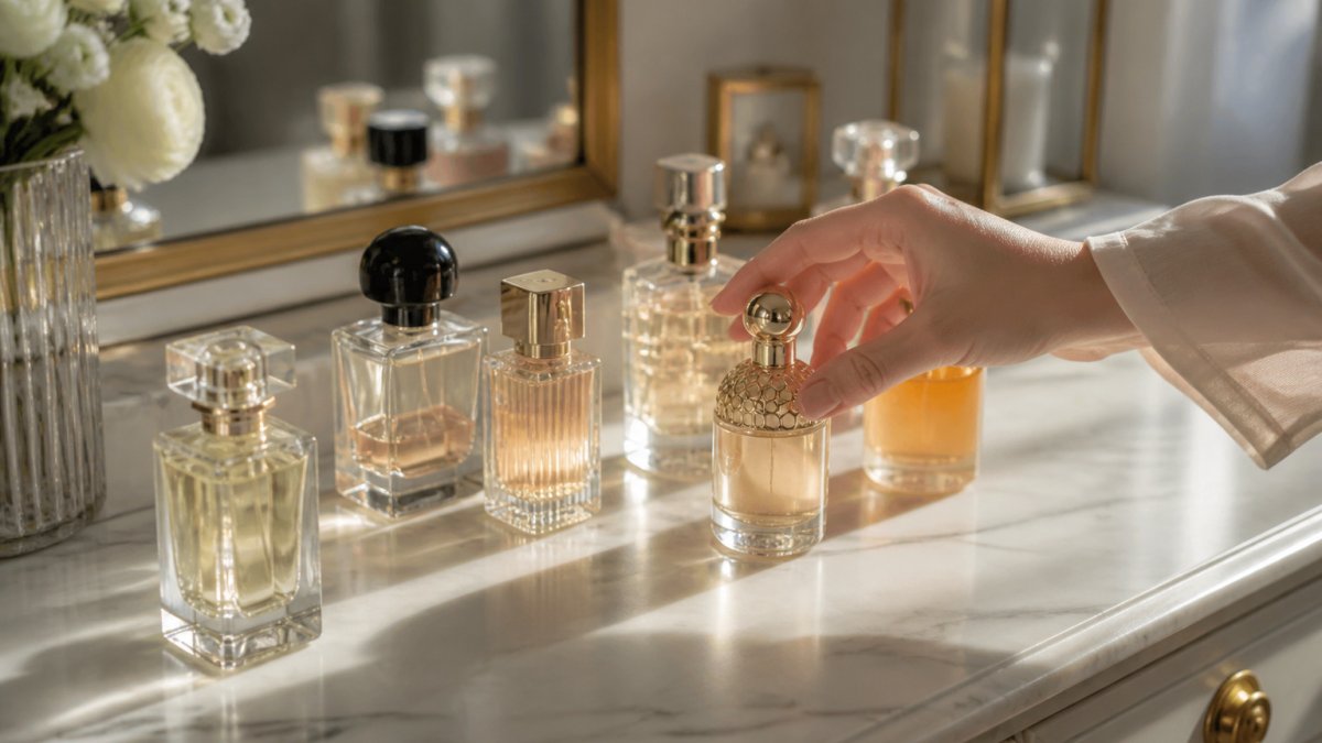 Woman reaching for elegant perfume bottles on a marble vanity in soft morning light