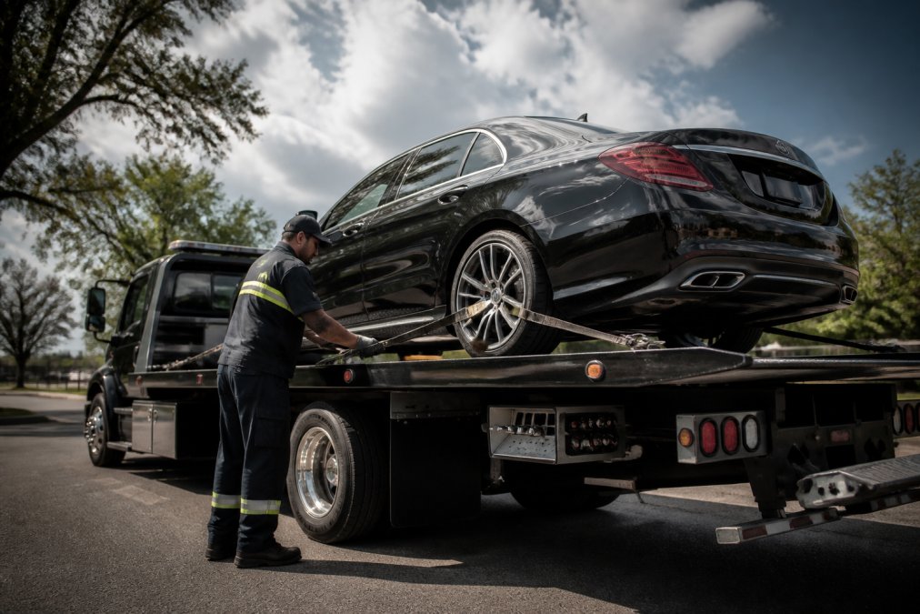Professional flatbed tow truck operator securing a luxury sedan with four-point tie-down straps, vehicle fully lifted with all wheels clear of the ground, daytime outdoor setting