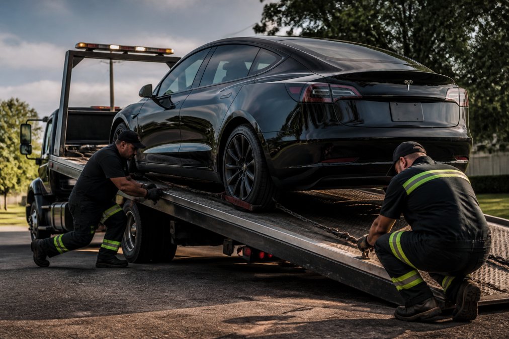 Trained tow operators carefully loading a Tesla onto a flatbed truck using precision equipment, showing proper wheel alignment and securement setup, professional daytime setting
