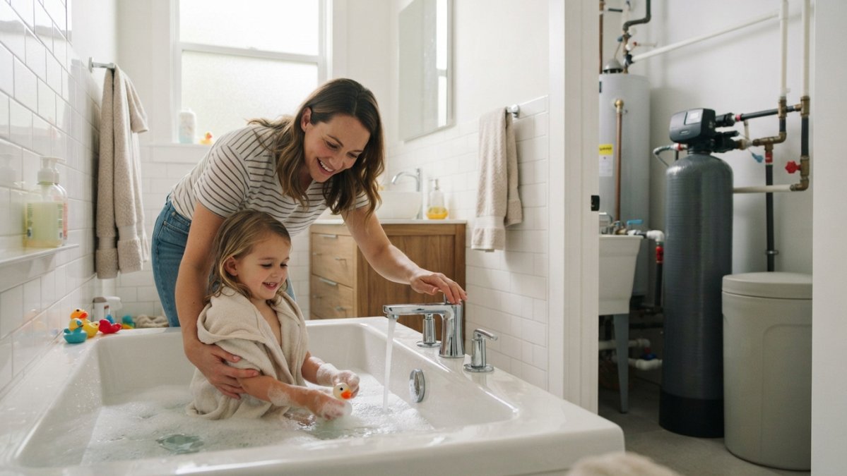 Parent running a warm bath for a young child near a whole-house water softening unit in a modern home