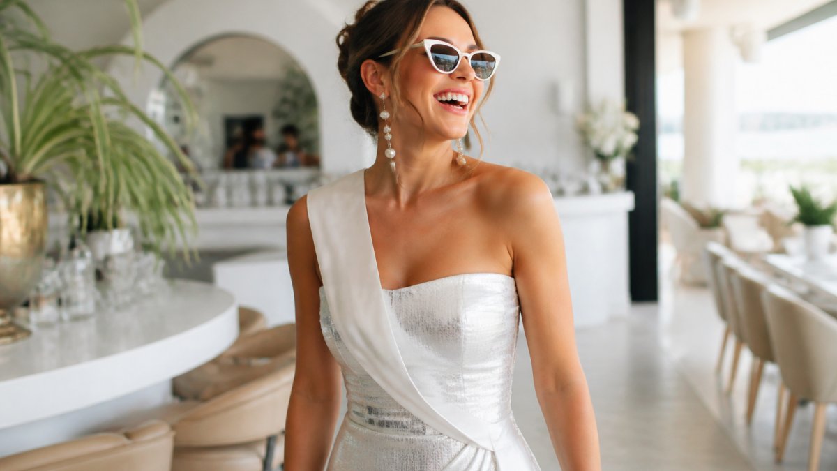 Bride in a white metallic outfit with pearl earrings and cat-eye sunglasses posing in a bright modern venue