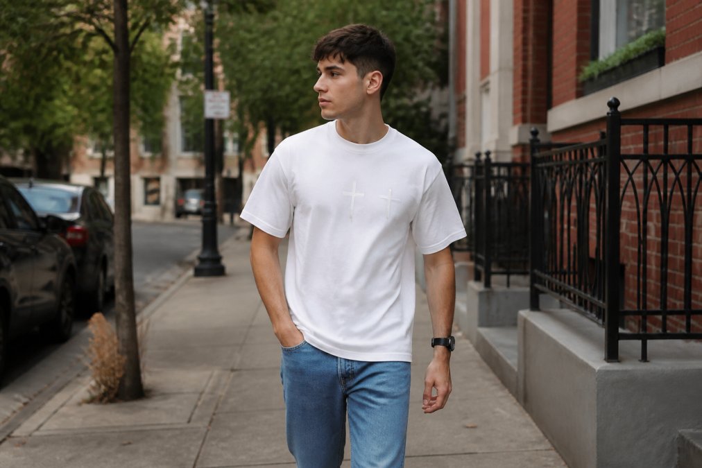 A young adult wearing a minimalist Christian graphic tee and jeans, walking outdoors in a casual urban setting, natural daylight