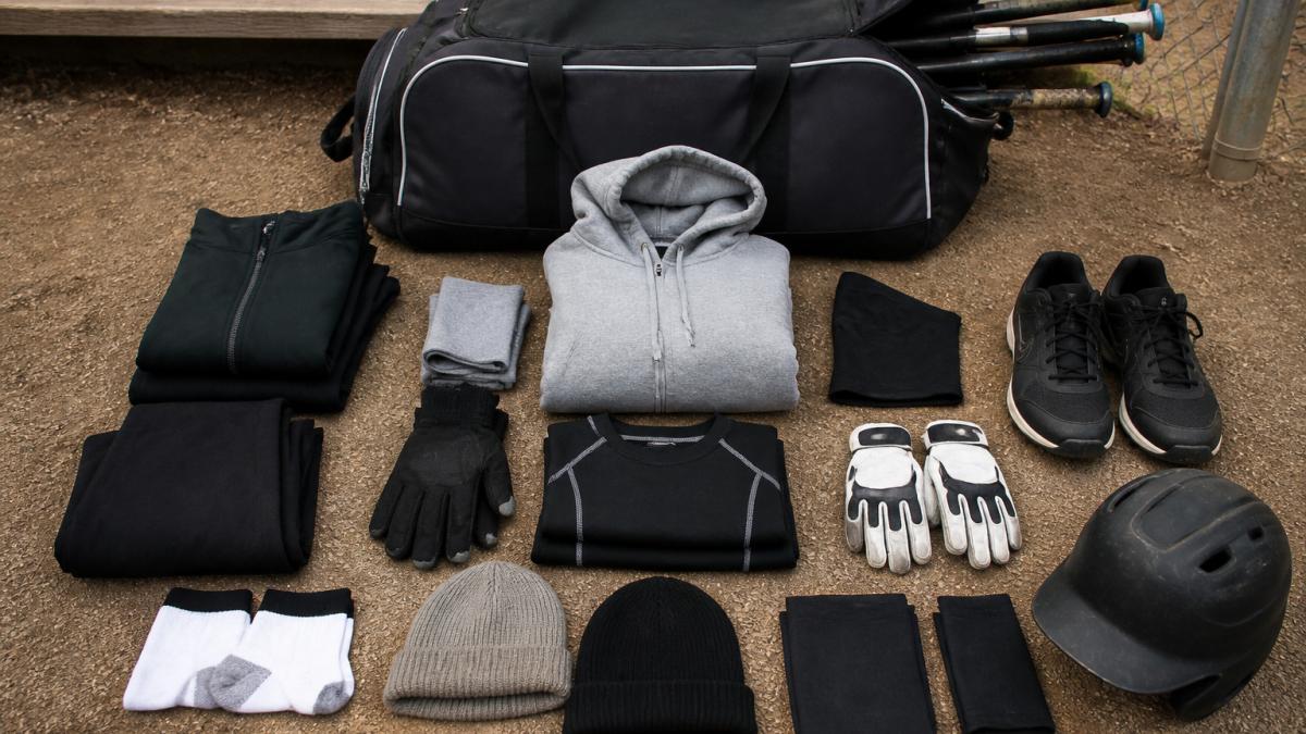 A softball player's equipment bag laid out with labeled cold-weather gear ready for a game.