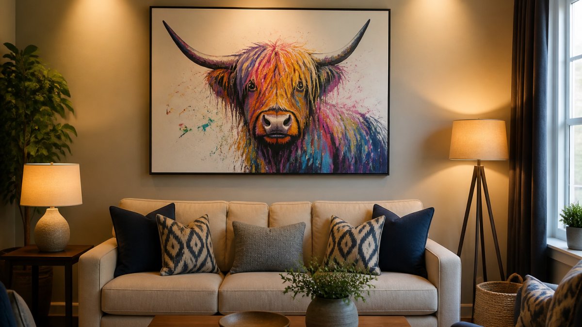 Framed colourful animal print hanging on a wall above a neutral sofa in a modern, warmly lit living room