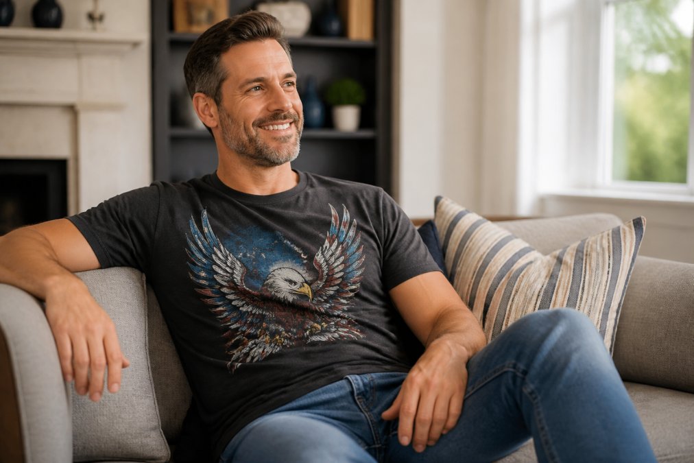 A man in his 40s wearing a comfortable graphic t-shirt with jeans, smiling while relaxing on a couch in a bright, casual living room with natural window light