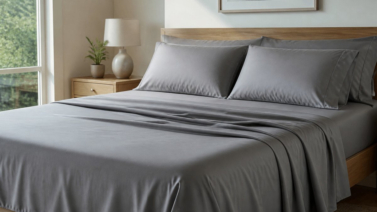 Neatly made bed with soft grey bamboo sheets in a bright, sunlit bedroom with morning light.