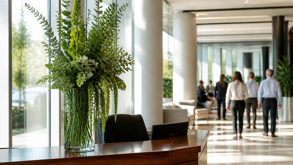 Monochromatic greenery in a glass vase serves as corporate office floral decor on a reception desk.