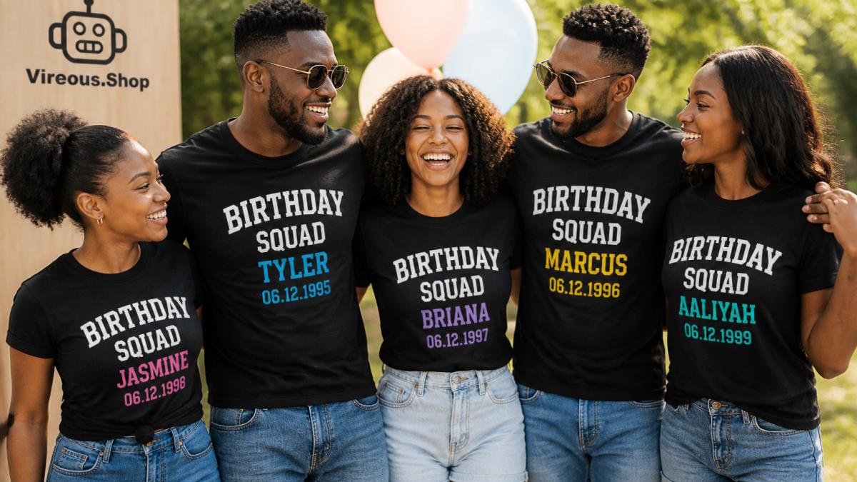 Group of friends wearing personalized birthday t-shirts with names and dates at an outdoor party