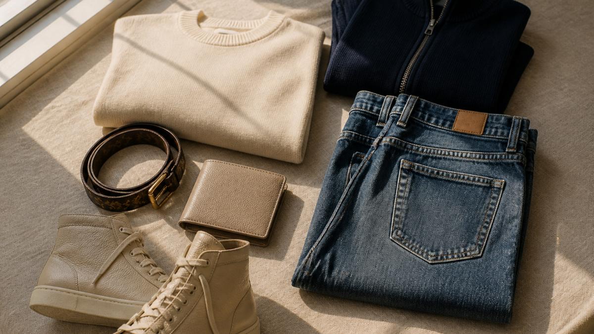 A flat-lay photograph of folded designer clothing and accessories on a neutral linen surface, including a brown monogram belt, a beige leather bifold wallet, straight-leg denim, and beige leather high-top sneakers, styled with soft natural light from a nearby window