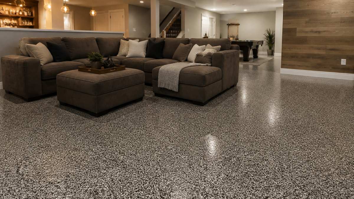 A finished residential basement with a gray and black flake epoxy floor, a sectional sofa, and warm lighting showing the floor's texture and sheen