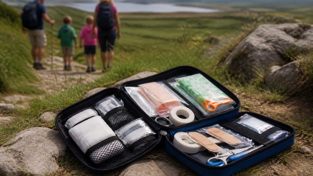 Infographic displaying 9 essential items for a family hiking first aid kit arranged on a trail backdrop.