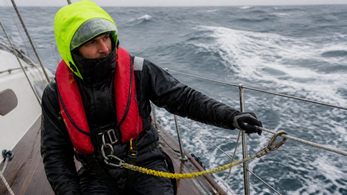 Sailor wearing an inflatable life jacket and safety tether on deck during an offshore passage