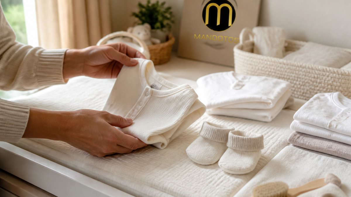Infographic checklist displaying the essential clothing items needed for a newborn baby's nursery wardrobe.